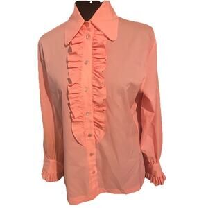Vintage 50s Judy Bond Sleeveless Blouse Ruffle Front Button Up Pink Womens 14
